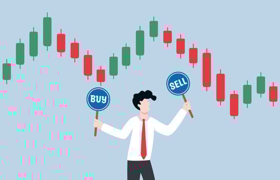 Time decision to invest in stock market, opportunity to buy or sell in crypto currency trading, foreign exchange concept. businessman holding buy sign and sell sign while looking at candlestick chart. vector