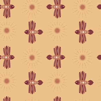 Vector Seamless pattern with creative birds in Scandinavian, folk style with floral, mystical elements on a yellow background. For wrapping paper, scrapbooking, fabric, wallpaper, pillows, stationery
