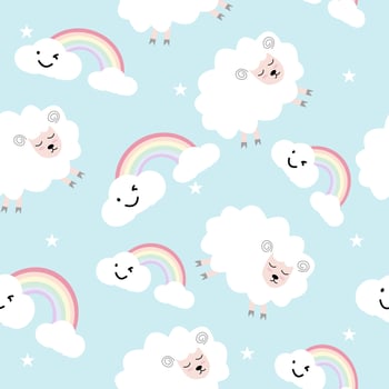 Seamless pattern with cute sheep and lambs. Loop pattern for fabric, textile, wallpaper, posters, gift wrapping paper, napkins, tablecloths. Print for kids. Children's pattern vector illustration