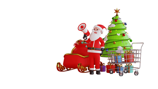 3d render santa with christmas tree carrying megaphone png