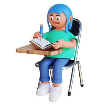 3d render cute girl writing on book and sit on chair png