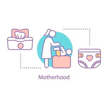 Motherhood concept icon. Childcare idea thin line illustration. Parenthood. Mother changing baby diapers. Vector isolated outline drawing