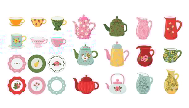 Set of dishes, antique plates, milk jugs, cups, mugs, teapots and kettles. Decorative kitchen tools collection, colored tableware, ceramic household utensils. Cartoon vector isolated illustration