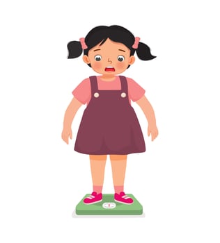overweight cute little girl with body fat standing on the weighing scale look surprise when measuring her weight vector