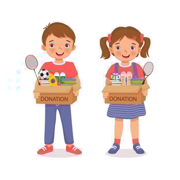 cute little kids boy and girl holding donate box with clothes, shoes, books, school sport items, toys, and stationery for donation vector