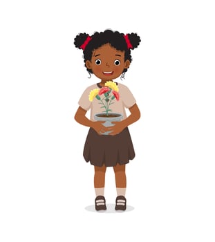 happy little African girl holding flowers plant in the pot in the garden vector
