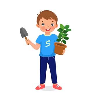 cute little boy holding potted plant and shovel in the garden vector