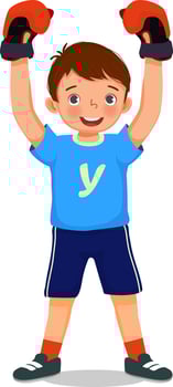 Cute little boy boxer wearing boxing glove rejoices in a victory raising hands in winner position vector
