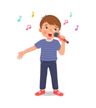 happy little boy singing a song with a microphone vector