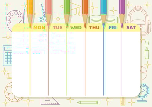 School timetable with color pencils draw lines with school elements line art vector
