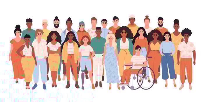 Crowd of different people of different races, body types, person with disability. Multicultural society. Social diversity of people in modern society vector