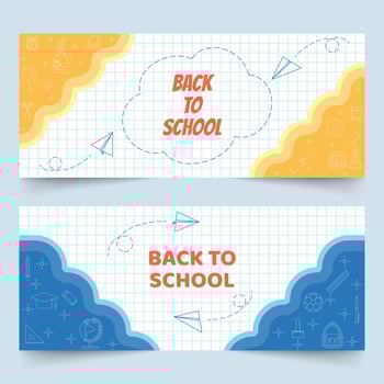 Back to school banners on white grid paper with school elements and paper planes line art vector