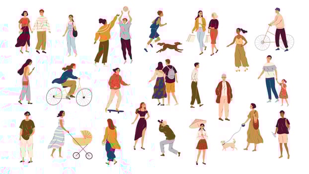 Lots of walking people, summer outdoor activities. vector
