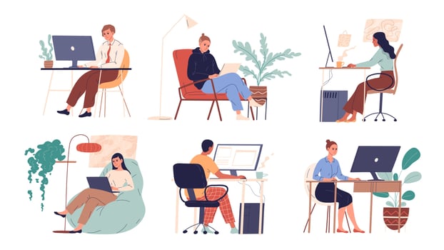 Set of people working with laptops and computers vector