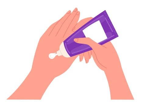 Young woman applies a nourishing cream to her hands. vector