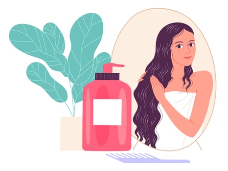 Young woman applies a cosmetic product to her hair. vector