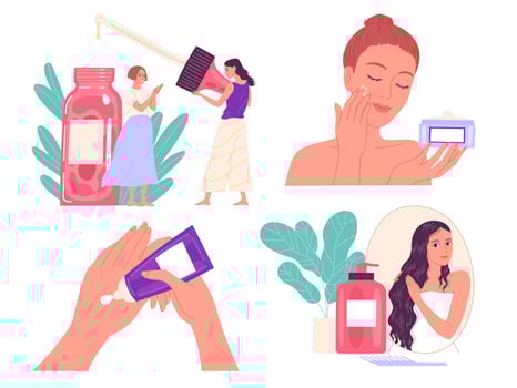 Young women take care of their skin with different cosmetic products. vector