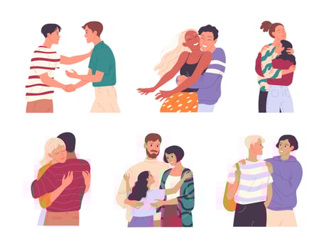 Set of happy young people hugging each other. vector