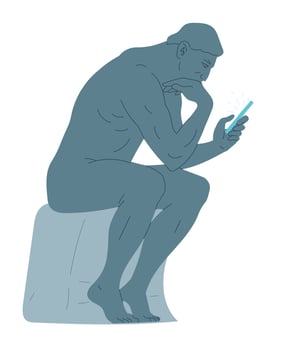 Statue of Thinker Sitting with a Smartphone in His Hand. vector
