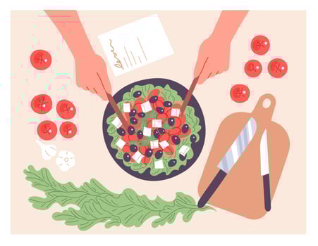A person is preparing a salad. View from above. vector