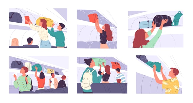 Passengers in the cabin prepare for the flight, take their seats, place their hand luggage. vector