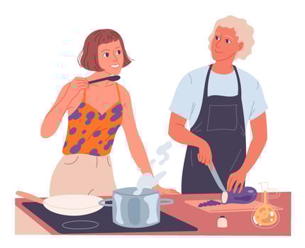 Couple cooking together. Woman cooks on the stove, man chops vegetables. vector