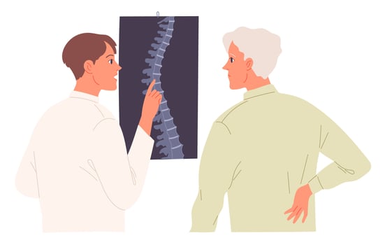 Doctor examines the image of the patients spine. vector