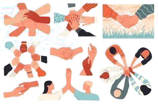 Set of hands. People unite, support each other. vector