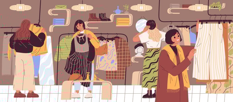 Women choosing and buying clothes at clothing store vector