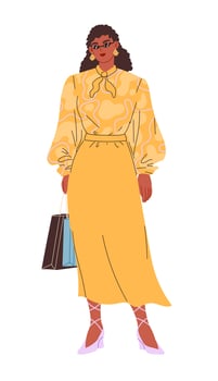 Woman in glasses, yellow blouse, and skirt with bags from shop. vector