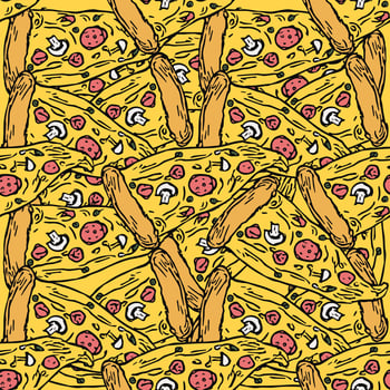 Seamless pizza pattern. Colored pizza background. Doodle vector pizza illustration