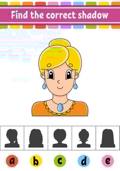 Find the correct shadow. Education developing worksheet. Activity page. Color game for children. Isolated vector illustration. Cartoon character.