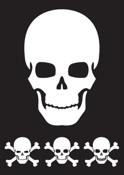 Black silhouette skull. Design element. Vector illustration isolated on white background. Template for books, stickers, posters, cards, clothes.