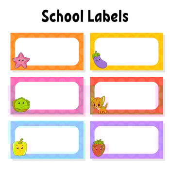 Set stickers for school. Empty template. Name tags, gift labels. Perfect for folders, daily journals, notebooks, lunch bags, pencil boxes. Rectangular label. Color vector isolated illustration.