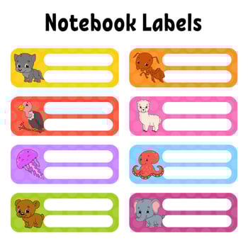 Name and address tag. For kids supplies and child clothes. Bright stickers. Rectangular label. Cute characters. Color vector isolated illustration.