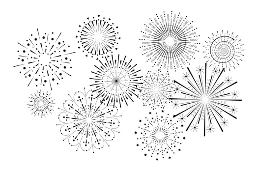 Firework sparkle ray set. Radiant abstract sunburst. Different shine sunrays or fireworks sparkles rays. Sunlight circle graphic design element. Multiple sun light burst options. Vector eps