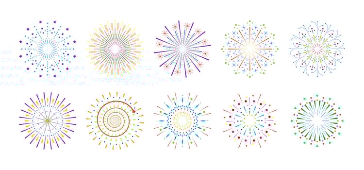 Firework sparkle ray set. Radiant sunburst abstract collection. Different shine sunrays or fireworks sparkles rays. Sunlight circle graphic design elements. Colorful multiple sun light burst options vector