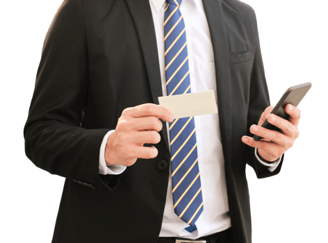 Businessman holding blank business card while using mobile phone on transparent background png