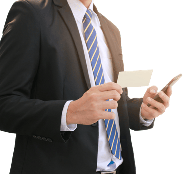 Businessman holding blank business card while using mobile phone on transparent background png