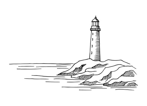 Seascape. Lighthouse. Hand drawn illustration converted to vector. Sea coast graphic landscape sketch illustration vector. vector