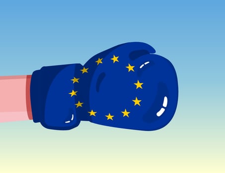 Flag of European Union on boxing glove. Confrontation between countries with competitive power. Offensive attitude. Separation of power. Template ready design. vector