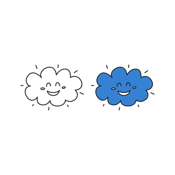 Doodle outline and colored cloud happy character icon isolated on white background. vector