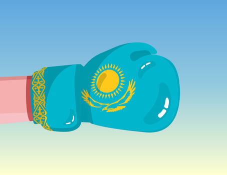Flag of Kazakhstan on boxing glove. Confrontation between countries with competitive power. Offensive attitude. Separation of power. Template ready design. vector