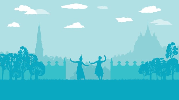 flat cartoon of traditional Thai Dance and wall ancient temple vector