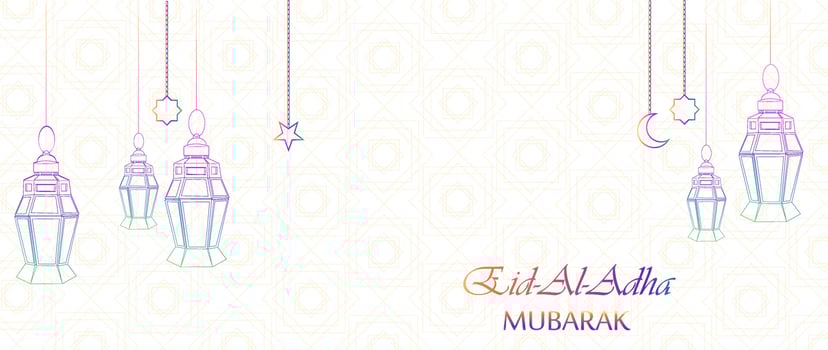 Eid Al Adha Muslim traditional holiday. Beautiful greeting card with hanging lanterns, moon and stars on abstract background. vector