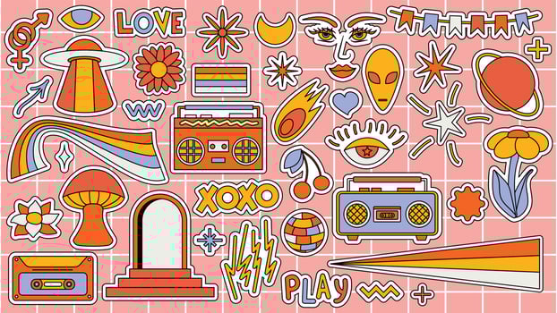 Set of hipster retro cool psychedelic elements. Collection stickers of groovy cliparts from the 70s 60s. Collage with trendy pop vibe with funky design element. Abstract background of cartoon sticker vector