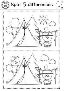 Camping find differences game for children. Black and white activity and coloring page with cute smiling kawaii tent, sun, boiler. Summer camp or road trip printable worksheet with funny nature scene. vector