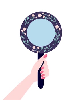 Female hand holding round mirror with flowers vector illustration. Flat style mirror with flowers