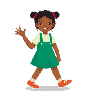 cute little African girl walking on the road greeting waving hand and smiling vector