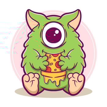 Cute monster eating pizza cartoon vector illustration